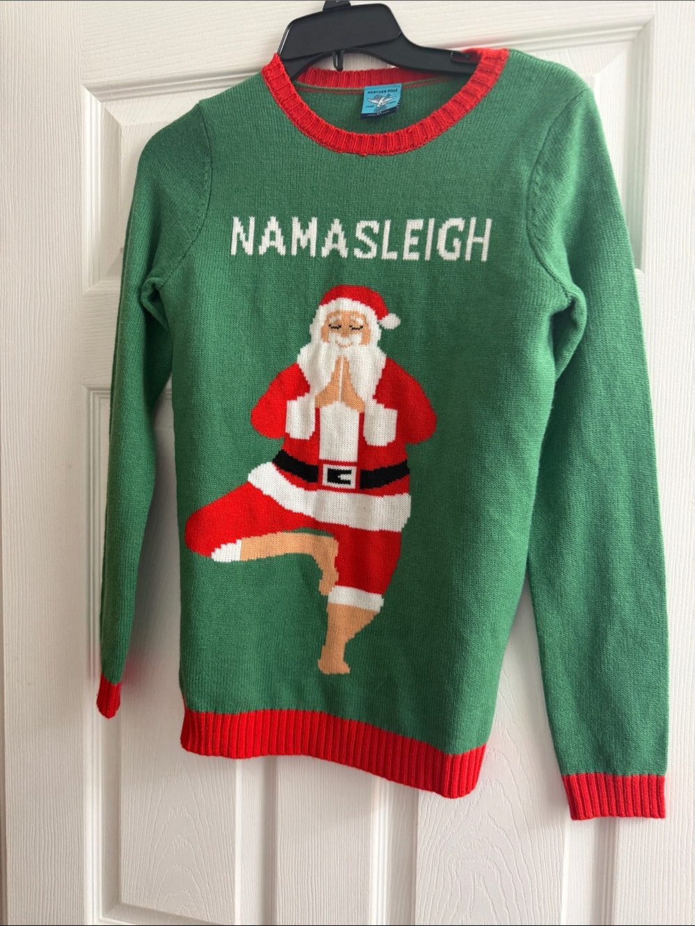 Green 'Namasleigh' Crewneck Holiday Sweater with Santa Yoga Motif